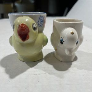 Vintage Trico Porcelain Duck and friend Egg Cups Marked Japan